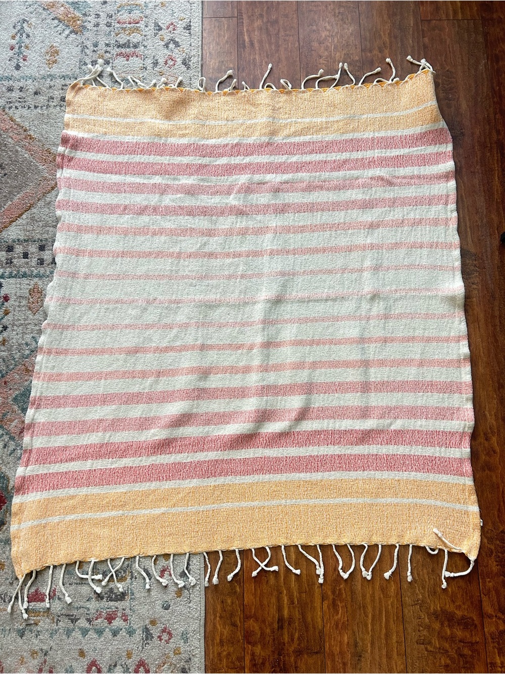 World Market Cotton Throw Blanket Striped Coral Pink Mustard Yellow Fringe 50x60